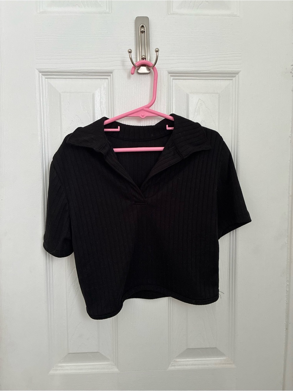 Black Ribbed Short Sleeve Crop Polo Top